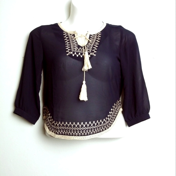 Monteau Top Blouse Size S Boho Embroidered Long Sleeves Sheer Casual - Picture 1 of 5